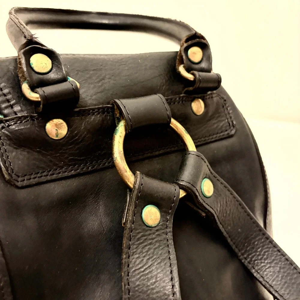 Vintage Leather Mini Backpack Drawstring Buckle Small Black
